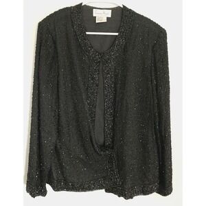 Vintage Laurence Kazar Jacket Womens XL Black Silk Beaded Evening Top Formal